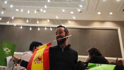 Vox president Santiago Abascal celebrating on Sunday.