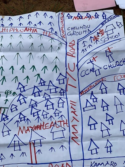 Mapa improvisado de un trabajador sanitario de la campaña de vacunación contra la polio de Malawi.