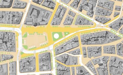 Plano sobre la peatonalización de la plaza del Ayuntamiento de Valencia. En amarillo, las zonas peatonalizadas y en blanco, el vial para el transporte público.