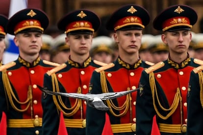 Pomba voa perto de soldados da guarda de honra em formação antes do desfile do Dia da Vitória, na praça Vermelha, em Moscou.