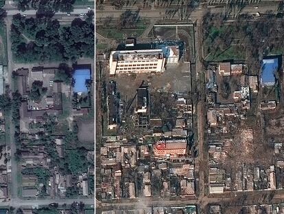Mariupol, en dos imágenes aéreas tomadas, respectivamente, en febrero y marzo de 2022.