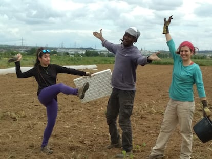 El autor, en su huerto ecológico, con dos compañeras (Laura y Ana) del grupo de reparto. / A. Á.