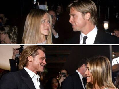 Brad Pitt y Jennifer Aniston, en 2000 (arriba) y 2020 (abajo).