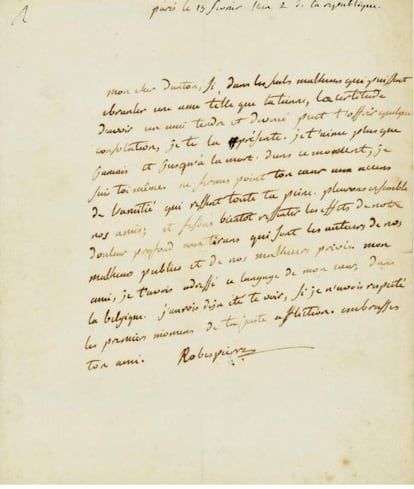 La carta manuscrita de Robespierre a Danton.