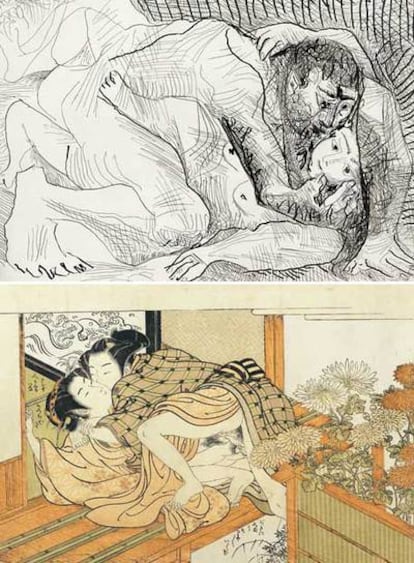 Arriba, grabado de Picasso de la serie <i>Abrazos</i>. Abajo, un <i>shunga</i> de Koryüsai.