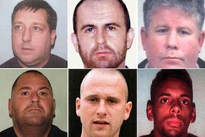 Algunos de los delincuentes británicos que presuntamente se refugian en España. De izquierda a derecha y de arriba abajo, Mark Gottfried, James Hurley, Donald Haisman, Clifford Hobbs, Christopher Moore y Dante Latreche.