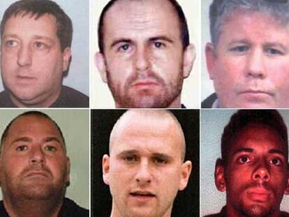 Algunos de los delincuentes británicos que presuntamente se refugian en España. De izquierda a derecha y de arriba abajo, Mark Gottfried, James Hurley, Donald Haisman, Clifford Hobbs, Christopher Moore y Dante Latreche.