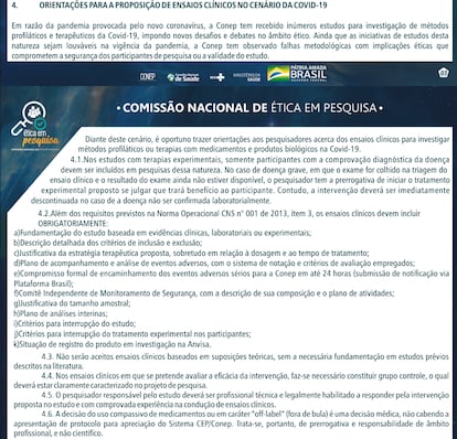 Print do documento da CONEP que Flávio Cadegiani usa para justificar o uso da proxalutamida em sua clínica, no ponto 4.6. No entanto, o título esclarece que o documento se refere apenas a "ensaios clínicos", o que não era o caso do paciente de Brasília.