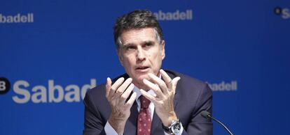 El Consejero delegado del Banco Sabadell, Jaime Guardiola, durante la presentación de resultados del Banco en Madrid.
