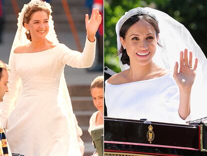 La infanta Cristina y Meghan Markle saludando desde la carroza.