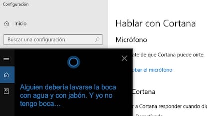 Captura de pantalla de la respuesta de Cortana a la afirmación "eres una puta".