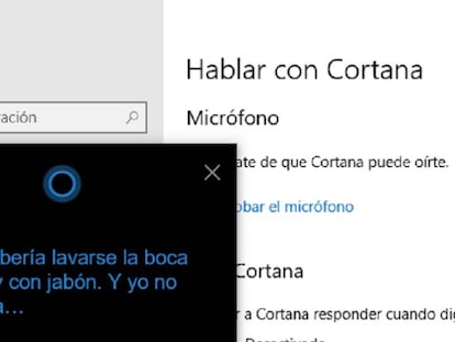 Captura de pantalla de la respuesta de Cortana a la afirmación "eres una puta".