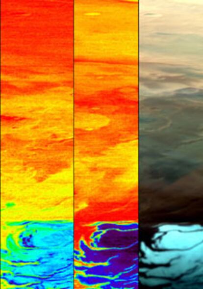 La imagen de la derecha muestra la superficie visible de Marte; la del centro, la concentración de C02 helado en el mismo área; y la de la izquierda, la presencia de agua helada.