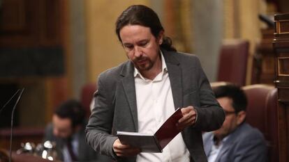 El secretario general de Podemos, Pablo Iglesias, antes de su intervención enel Congreso, el pasado 11 de septiembre.