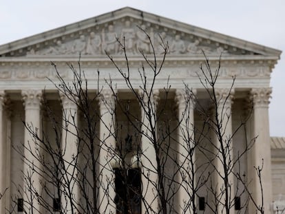 Branches slightly obscure the facade of the U.S. Supreme Court building April 07, 2023 in Washington, DC