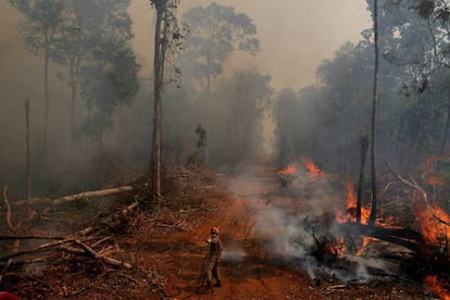 Bombeiro trabalha para apagar o fogo na Amazônia.