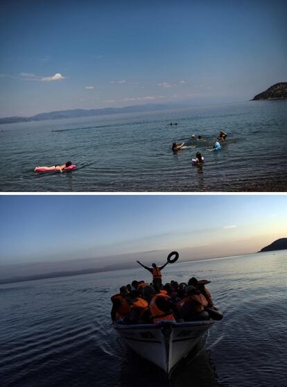 En la imagen superior, turistas se bañan en el mar en la isla de Lesbos (Grecia), el 3 de agosto de 2018. En la imagen inferior, un grupo de migrantes celebra haber alcanzado la isla de Lesbos después de cruzar el mar Egeo desde Turquía, el 27 de septiembre de 2015.