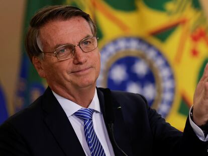 El presidente de Brasil, Jair Bolsonaro, durante un discurso en el Palacio de Planalto, este jueves.