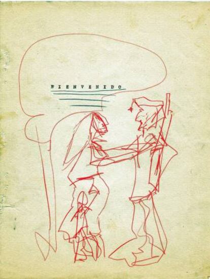 Dibujo a bolígrafo rojo del propio Labordeta para ilustrar el relato 'Bienvenido'.