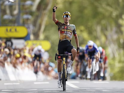Christophe Laporte celebra su victoria en la 19ª etapa del Tour de Francia este viernes.