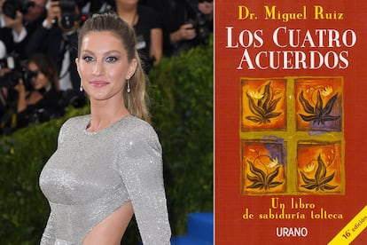 Gisele Bündchen - Los cuatro acuerdos (Miguel Ruiz)

Un libro de autoayuda que la modelo y su pareja, la estrella del fútbol americano Tom Brady, han leído una vez al año durante la última década. Está basada en la teología tolteca (cultura precolombina con origen en México).