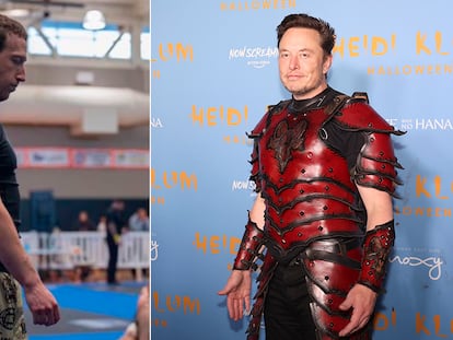 Zuckerberg, a la izquierda, en una imagen de sus competiciones que compartió en redes sociales. A la derecha, Elon Musk en una fiesta del último Halloween.