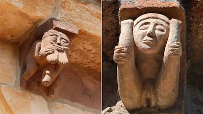 Canecillos de la colegiata de San Martn de Elines (Cantabria), en el que un hombre sostiene su pene erecto y desproporcionado, y de la iglesia de San Miguel de Corulln (Len), en el que una mujer muestra la vulva, en dos imgenes cedidas por la editorial Crtica. / GORKA L?PEZ DE MUNAIN / ISABEL MELL?N | JUAN JES?S CONEJERO