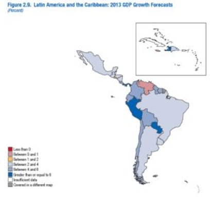 Mapa del FMI sobre las perspectivas de crecimiento de la región en términos de PIB.