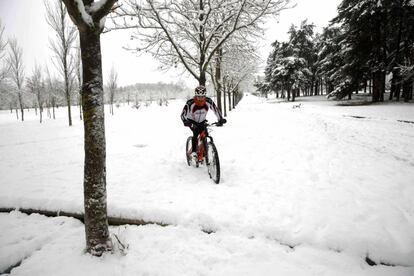 Un ciclista se aventura en el parque de Olarizu de Vitoria, el 2 de diciembre de 2017.