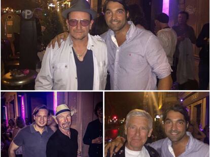 Los miembros de U2, Bono, The Edge y Adam Clayton, posan con los socios del restaurante al que fueron.