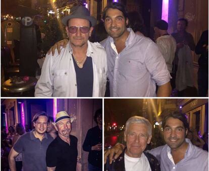 Los miembros de U2, Bono, The Edge y Adam Clayton, posan con los socios del restaurante al que fueron.