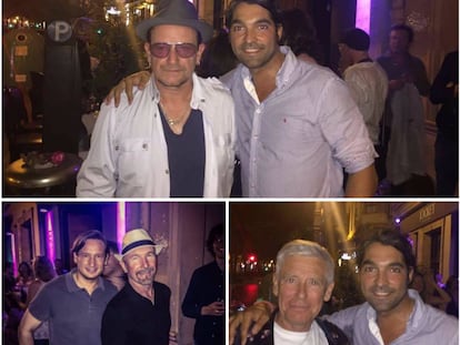 Los miembros de U2, Bono, The Edge y Adam Clayton, posan con los socios del restaurante al que fueron.