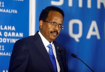 El presidente de Somalia, Mohamed Abdullahi Mohamed, el pasado mayo durante un acto preparatorio de las elecciones.