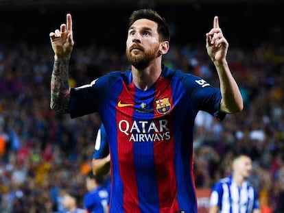 Messi celebra un gol en la final de Copa entre Barça y Alavés.