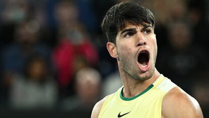 Carlos Alcaraz of Spain celebrates winning his 4th round match against Miomir Kecmanovic of Serbia at the 2024 Australian Open in Melbourne, Australia, 22 January 2024.