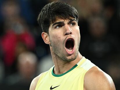 Carlos Alcaraz of Spain celebrates winning his 4th round match against Miomir Kecmanovic of Serbia at the 2024 Australian Open in Melbourne, Australia, 22 January 2024.