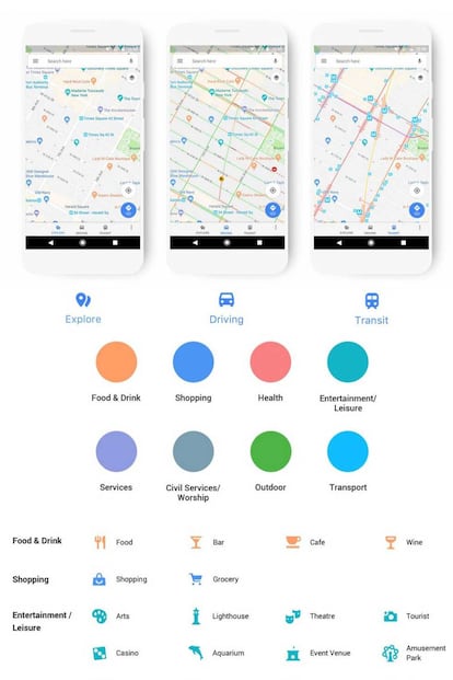 Algunos de los nuevos iconos y colores de Google Maps