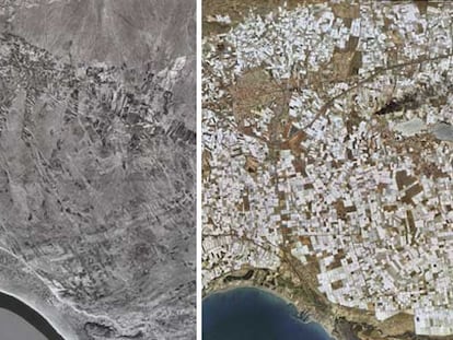 Fotografías de la comarca semidesértica del Campo de Dalías (El Ejido, Almería) obtenidas en 1956 y 2004, en las que se observa el espectacular desarrollo de los cultivos bajo plástico.