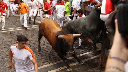 Un mozo es embestido por uno de los toros de la ganadería sevillana de Miura durante el último encierro de los Sanfermines 2024, este domingo, en Pamplona.