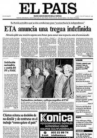 Portada del periódico EL PAIS del pasado 17 de septiembre de 1998, cuando ETA anunció su anterior alto el fuego.