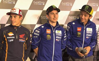 Márquez, Lorenzo y Rossi, en la rueda de prensa del jueves.