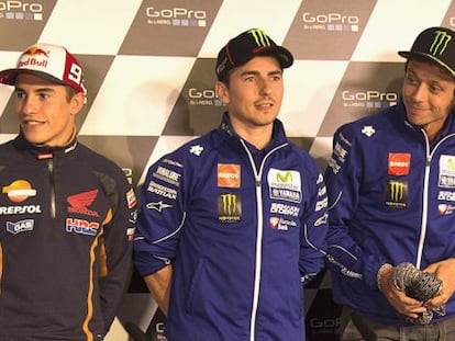 Márquez, Lorenzo y Rossi, en la rueda de prensa del jueves.