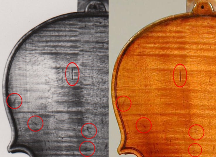 Análisis comparativo de Carla Shapreau de las marcas del Stradivarius ‘Mendelssohn’ de 1709 en blanco y negro y del Stradivarius ‘Stella’ de 1707 en color.