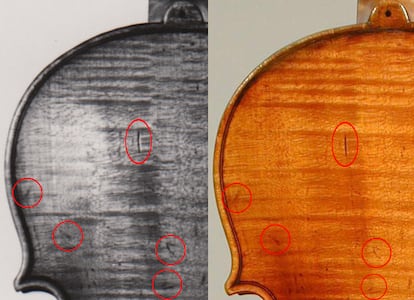 Análisis comparativo de Carla Shapreau de las marcas del Stradivarius ‘Mendelssohn’ de 1709 en blanco y negro y del Stradivarius ‘Stella’ de 1707 en color.