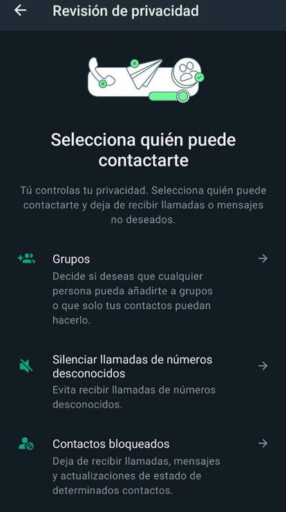 OPciones revisión privacidad WhatsApp