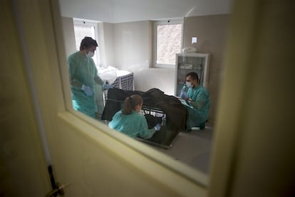 Miembros del centro de cría de Silves preparan el sedante para uno de los linces a los que se va a colocar el collar transmisor y a realizar análisis de sangre.