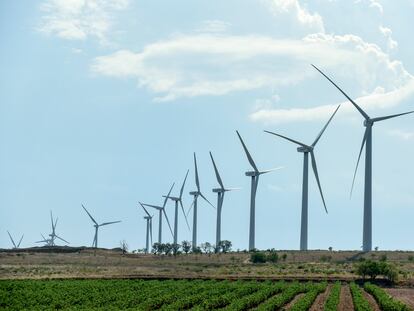 Vista de los aerogeneradores de la Central Eólica Raposeras en Pradejón (La Rioja).