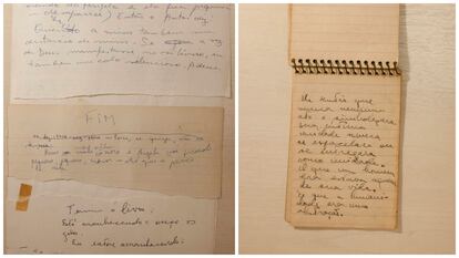 A la izquierda, una página del manuscrito de 'Un soplo de vida', el libro póstumo de Lispector. A la derecha, una de las libretas de anotaciones de la escritora.