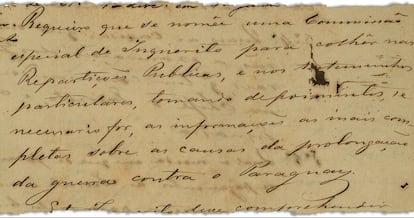 O pedido de CPI apresentado no Senado em 1867: "Requeiro que se nomeie uma comissão especial de inquérito para colher nas repartições públicas e nos testemunhos particulares, tomando depoimentos se necessário for, as informações as mais completas sobre as causas da prolongação da guerra contra o Paraguai" (imagem: Arquivo do Senado)
