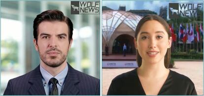 Imágenes del informativo del canal Wolf News con presentadores y noticias generados por IA y distribuido en redes de propaganda china. 